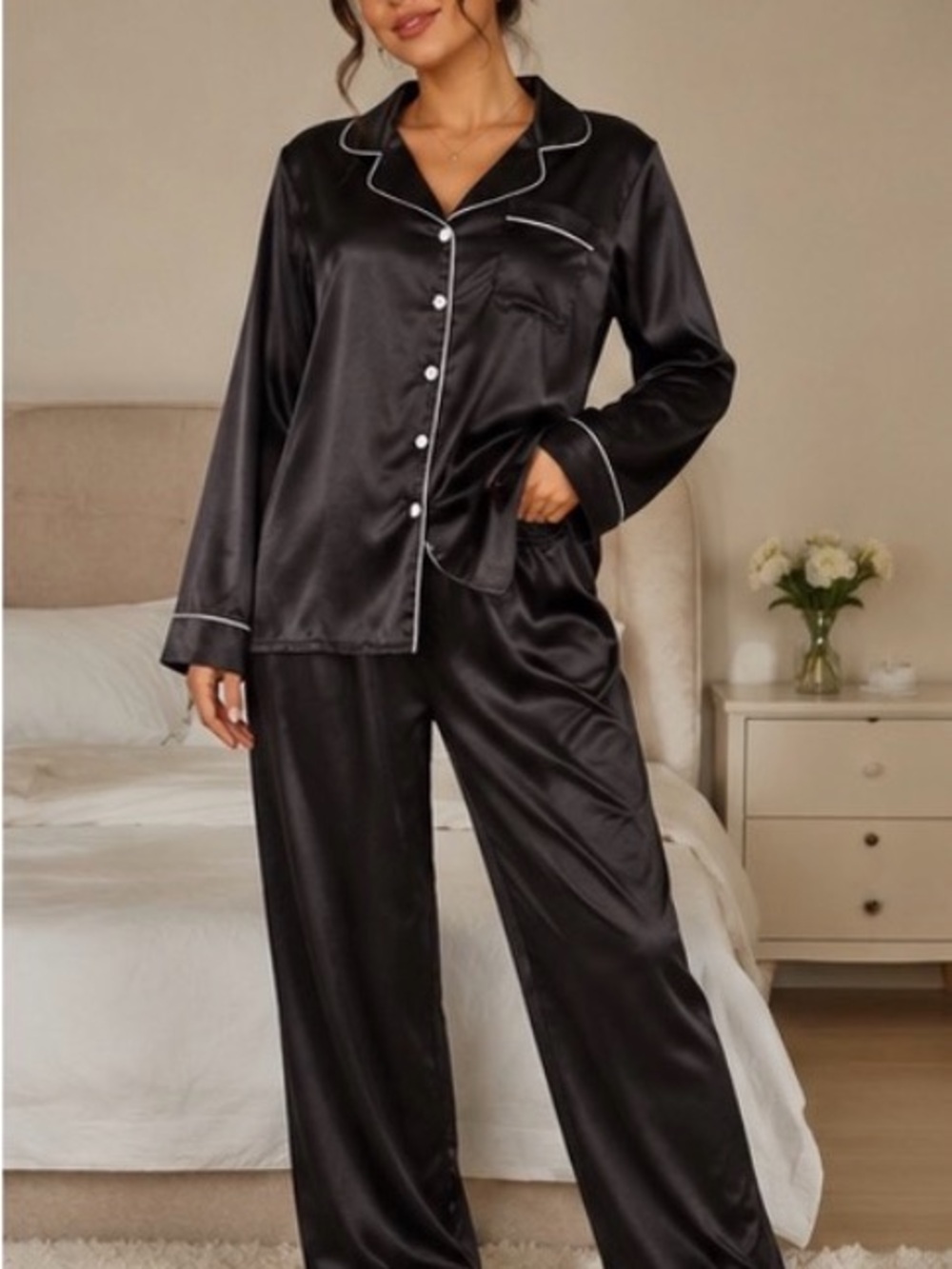 Satin Pajama Set - Black Long Sleeve Sleepwear